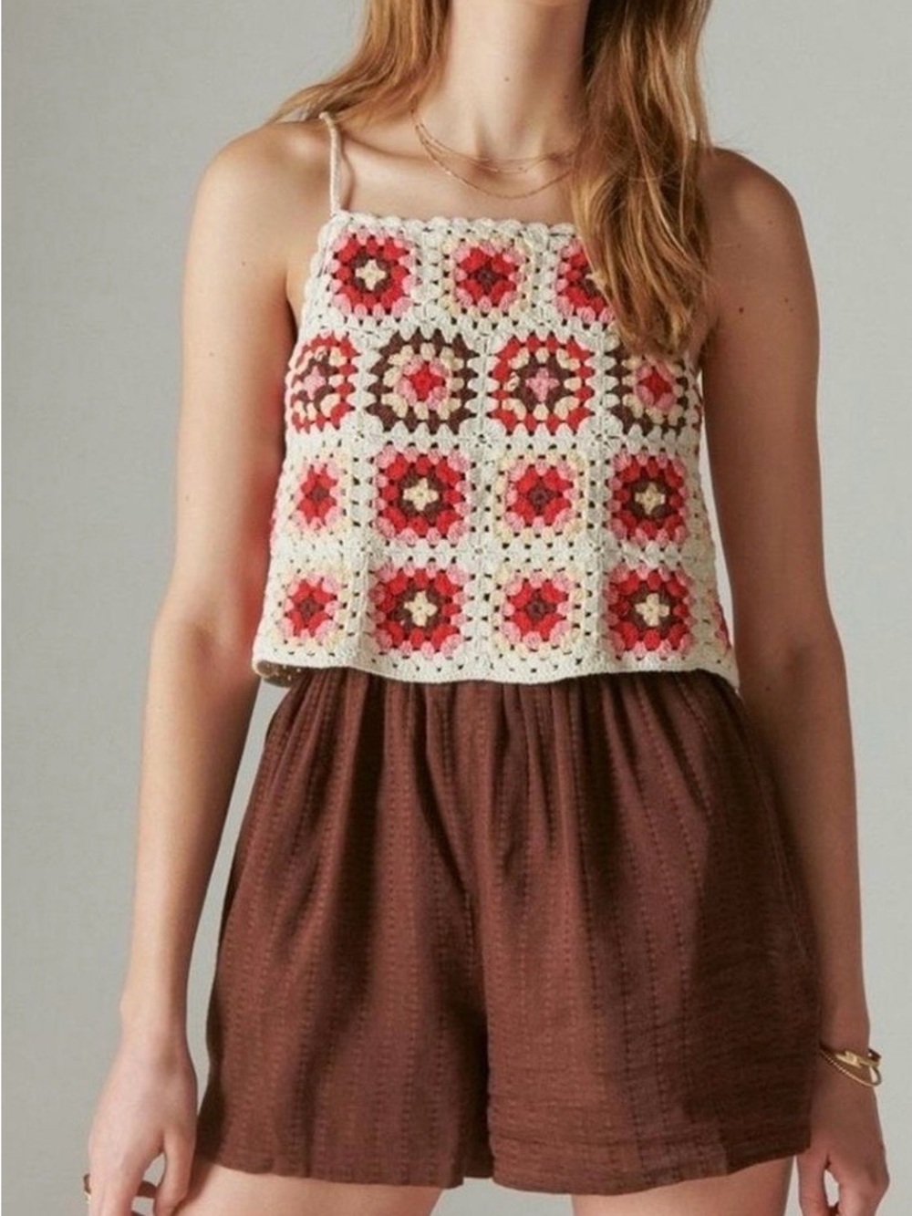 Lucky Brand XL Cream red pink Coquette Crochet boho Cami festival babydoll